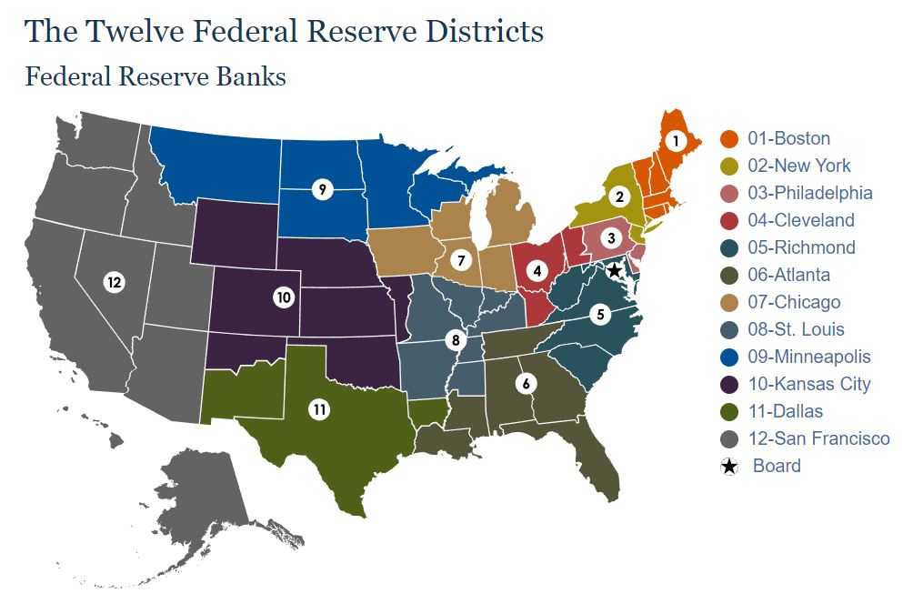 Map of the United States showing what states belong to each Federal Reserve district.